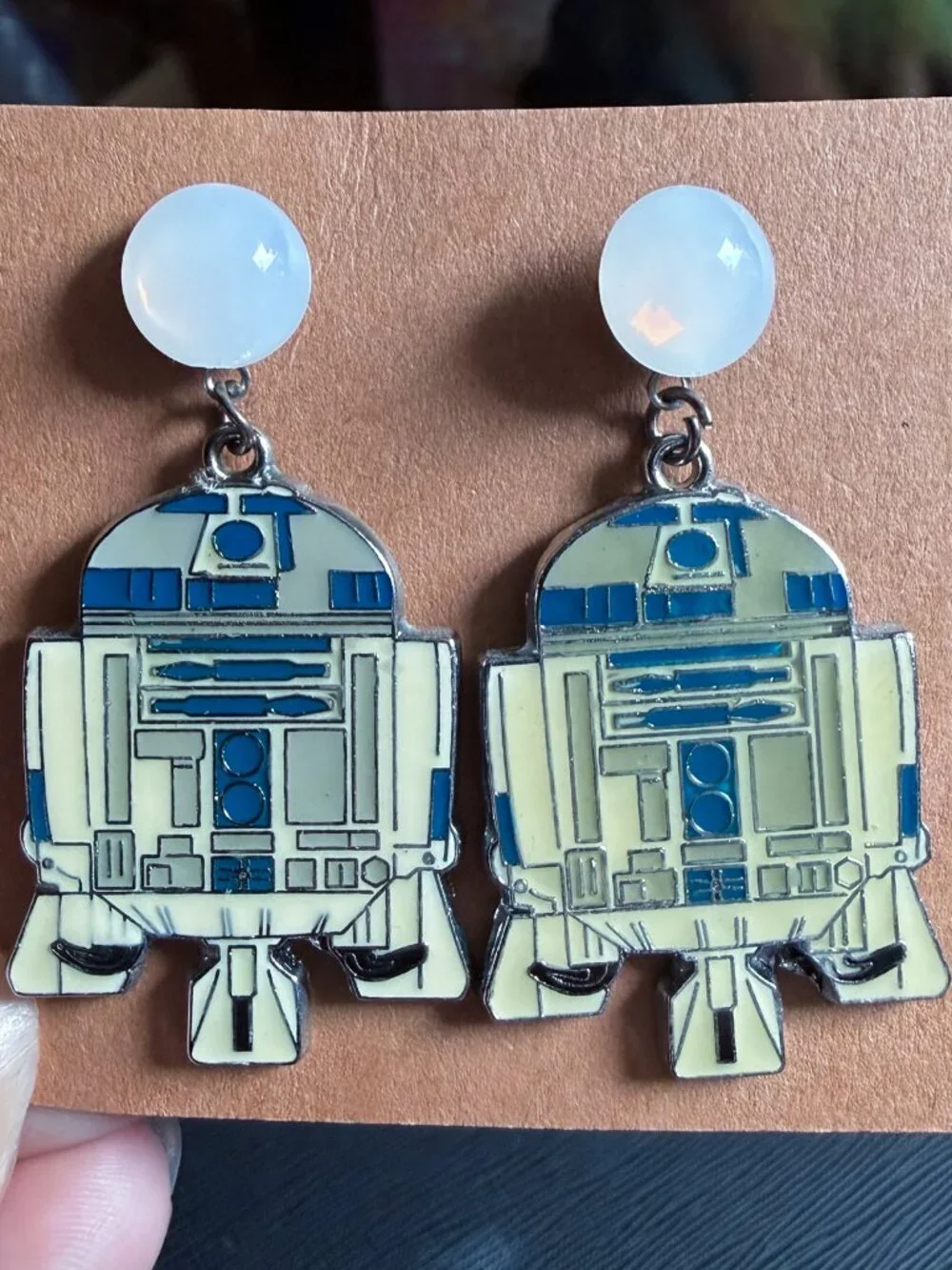 Star Wars R2-D2 Handmade Metal Dangle Earrings with Acrylic Moonstone Studs - Picture 1 of 8